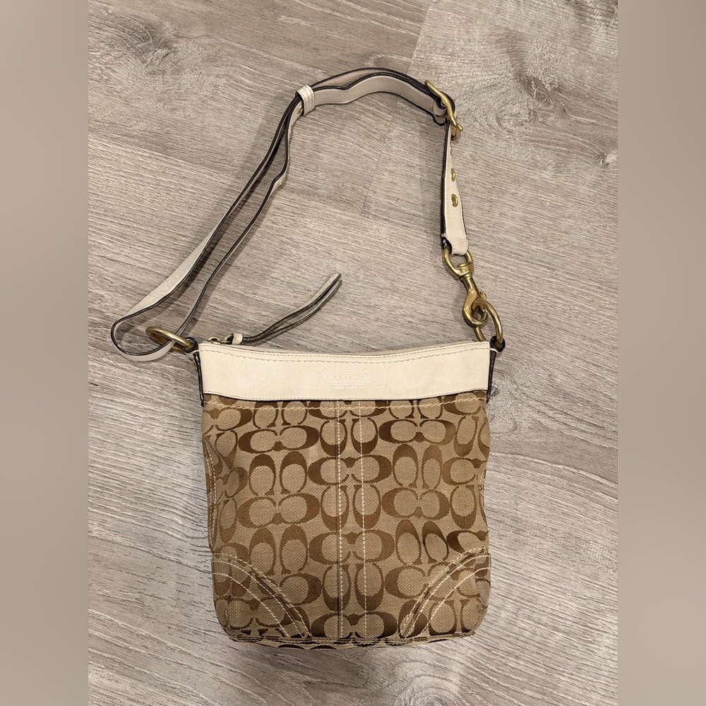 Vtg Coach 10402 Signature Y2K Crossbody Convertible Handbag Beige Leather Trim